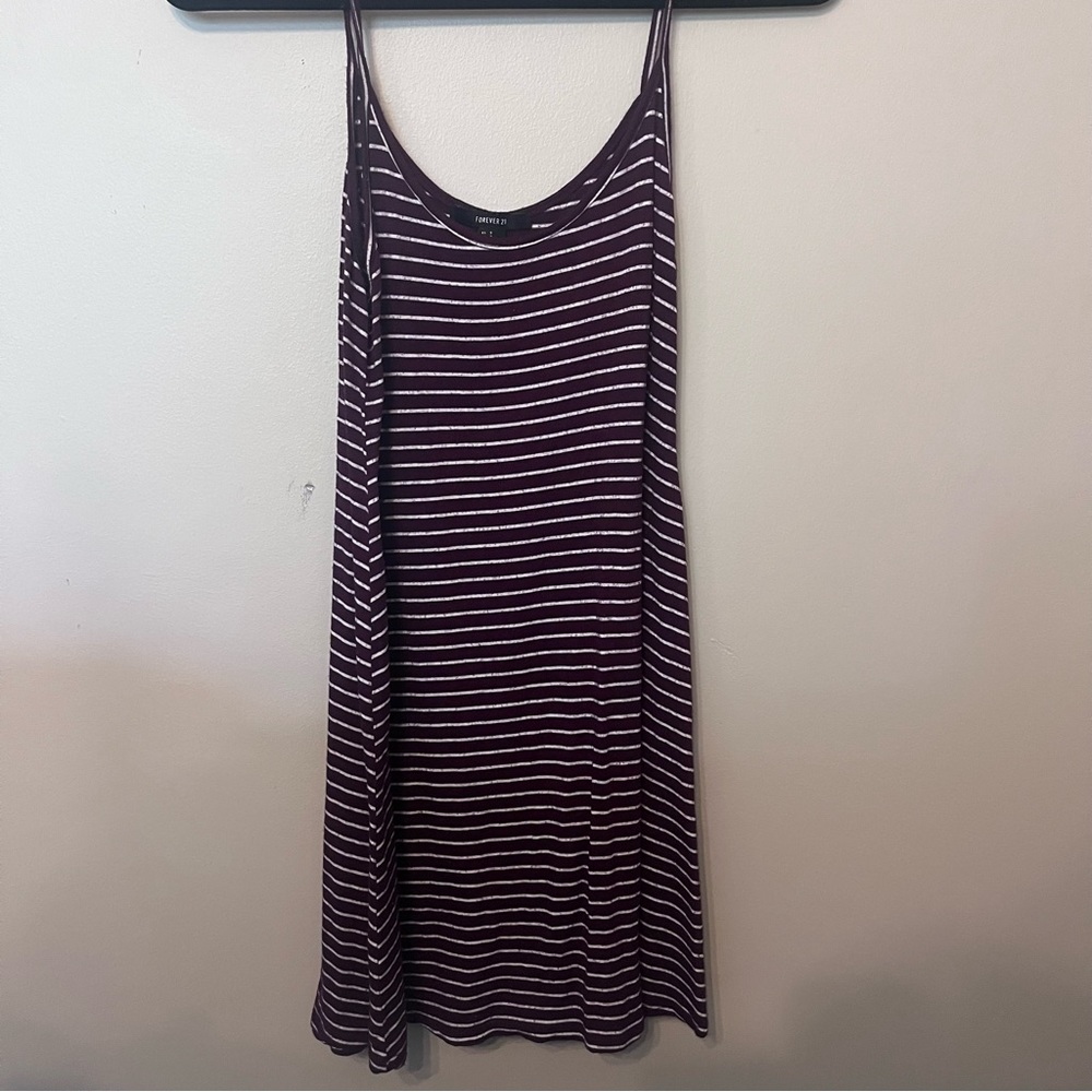 Plum and White Striped Scoop Neck Spaghetti Strap Mini Dress
